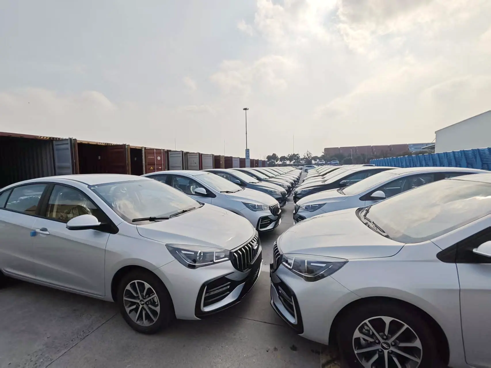 Rows of silver vehicles at a preparation yard